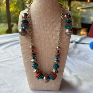 Chic Silver tone and Orange Beaded Necklace